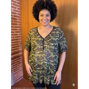 Torrid Womens 3X Green Black Abstract Tiger Print Sheer Chiffon Smocked Tunic